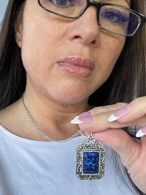 Vintage Ornate Filigree Blue Stone Detachable Pendant Necklace